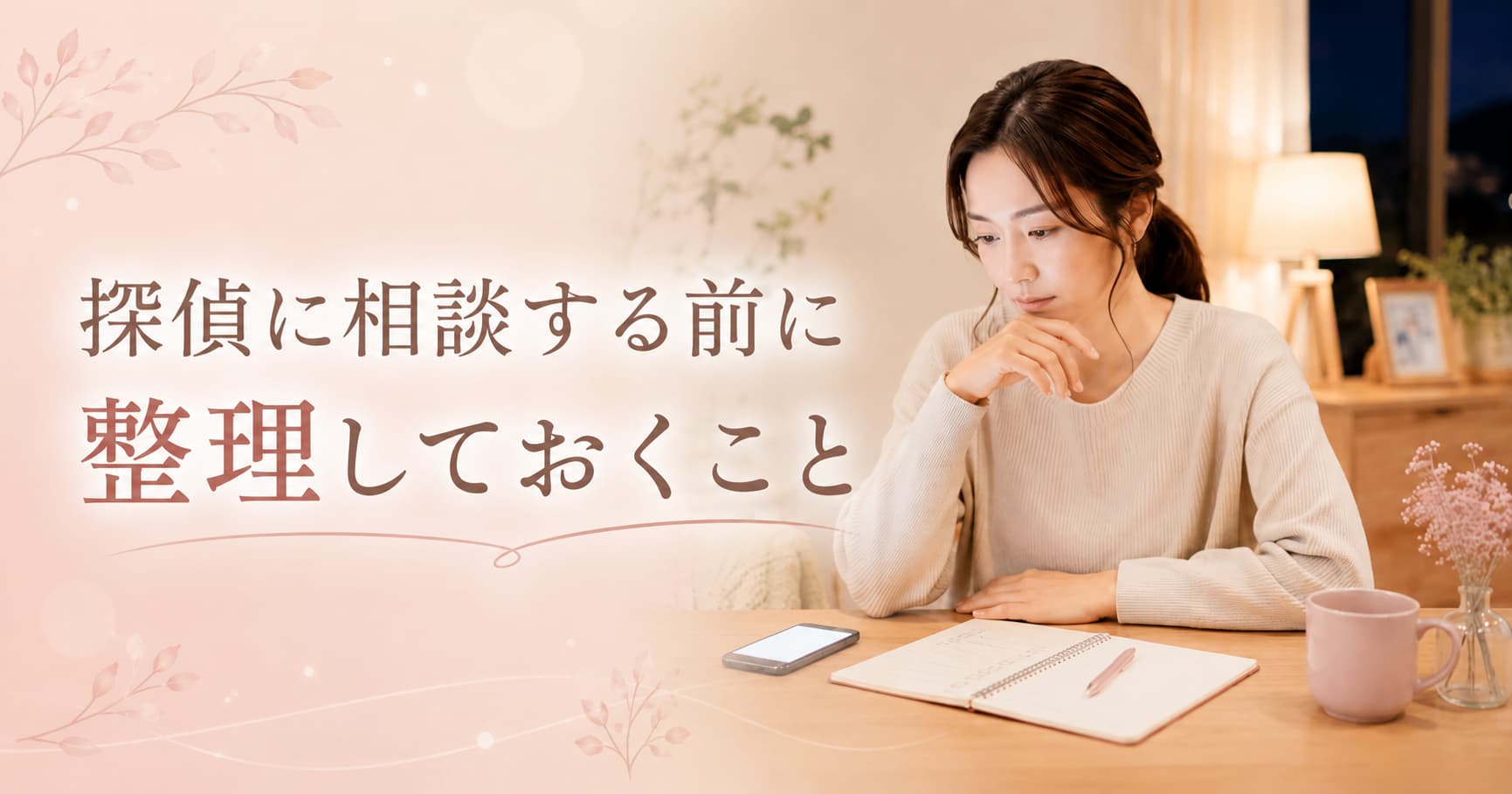 探偵に相談する前に整理しておくことを考える女性のアイキャッチ画像