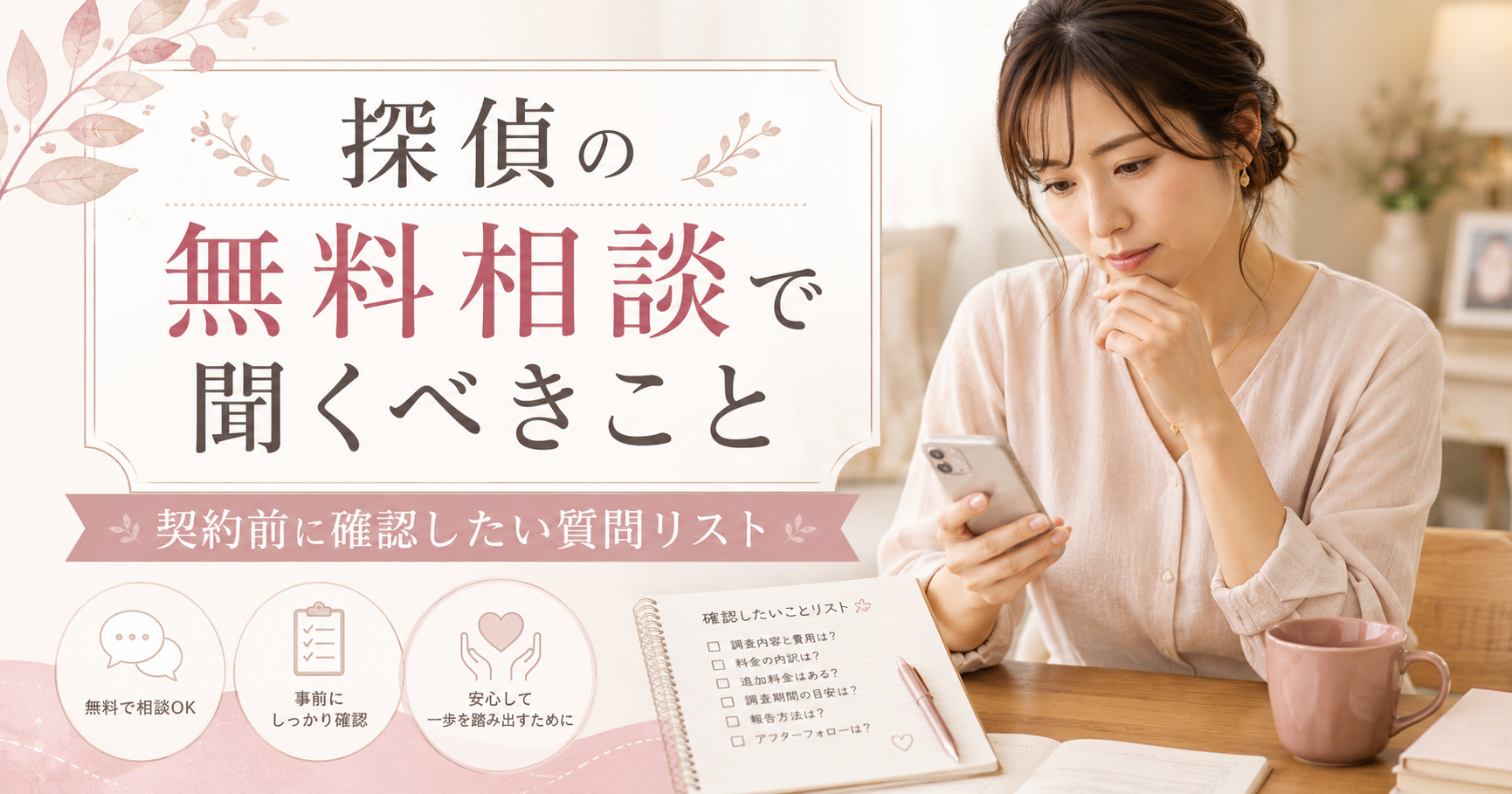 探偵の無料相談で契約前に聞くべきことを確認する女性のアイキャッチ画像