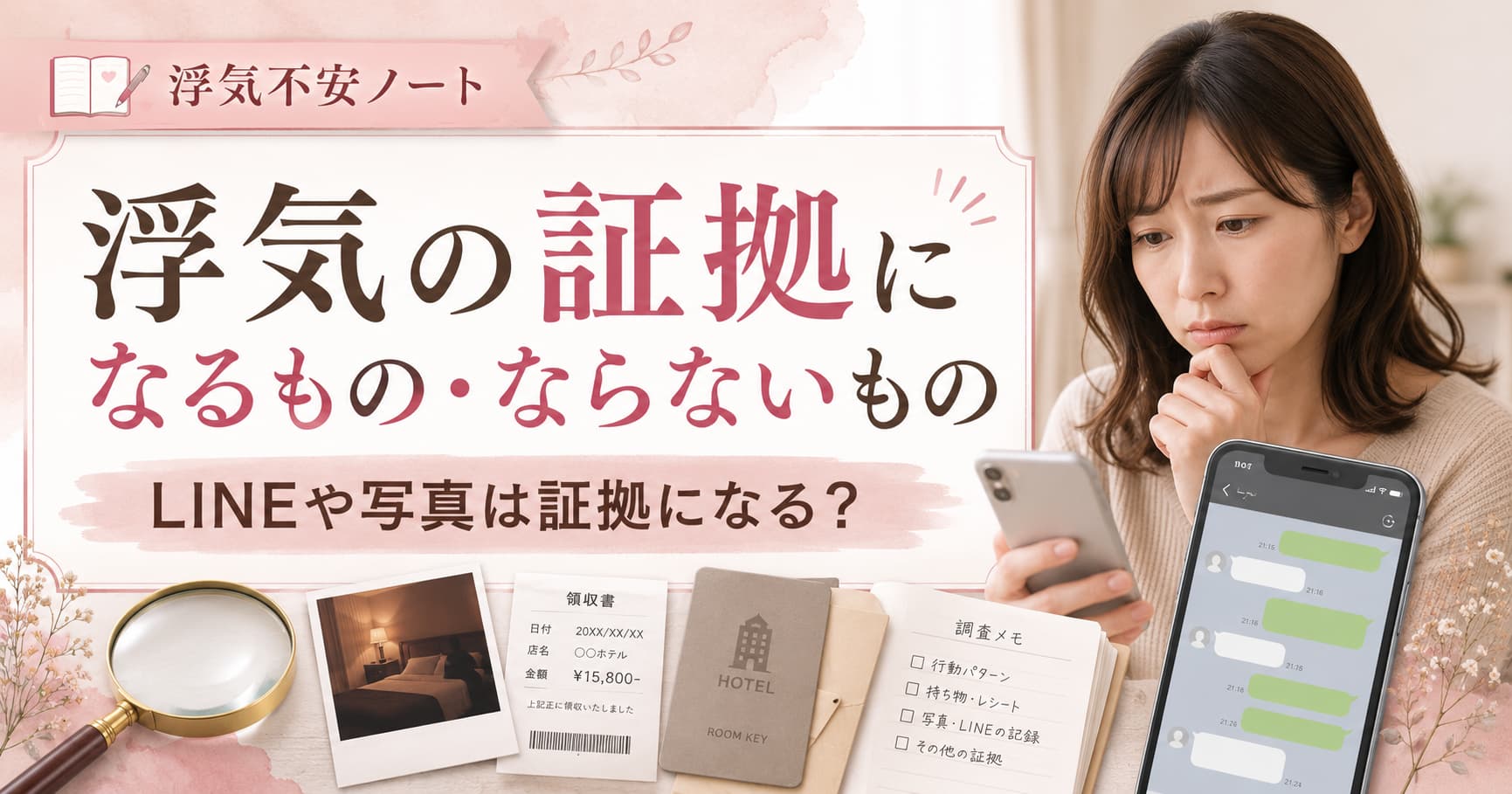 浮気の証拠になるものとならないものをLINEや写真で確認する女性のアイキャッチ画像